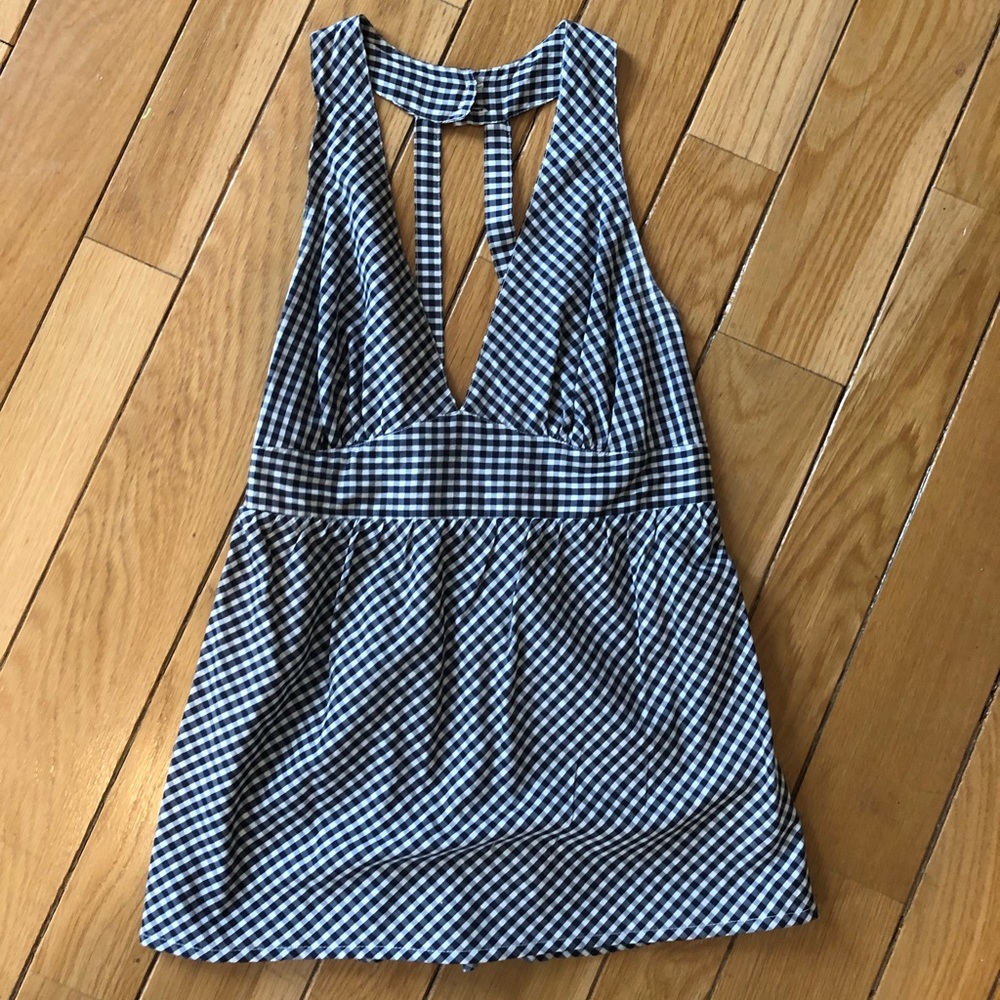 Blue and white checkered top- EUC